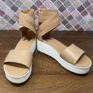 SOREL - Cameron Flatform Sandals - Platform Wedge/Leather/Tan/White - 7.5‎